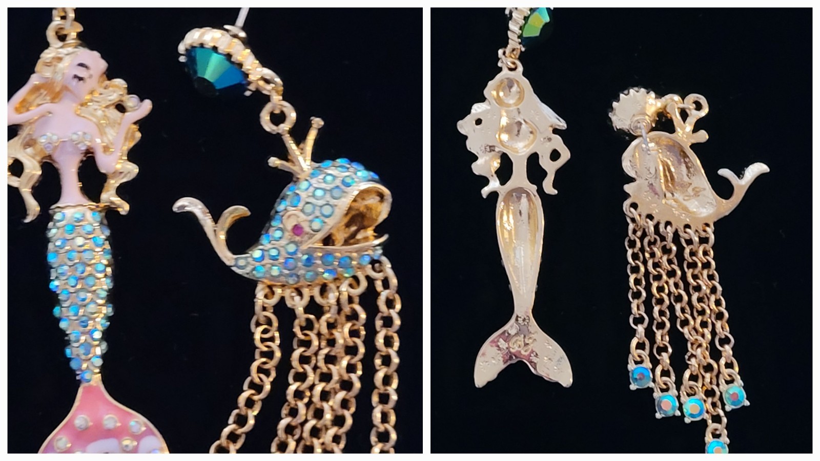 Vintage Betsey Johnson Blue Crystal WHALE Pendant w/Match Earrings Ocean BEACH