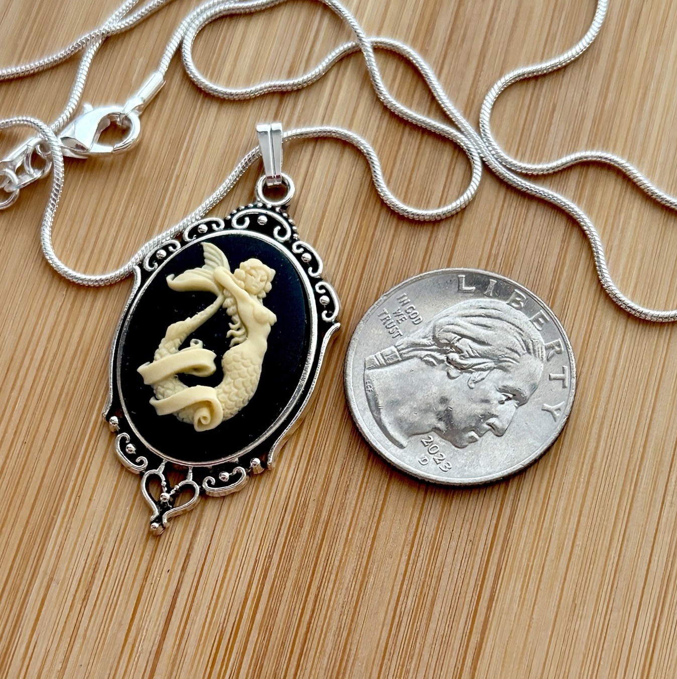Mermaid Cameo Necklace, Vtg Sailor Jerry Tattoo Pendant, Sterling Silver Chain