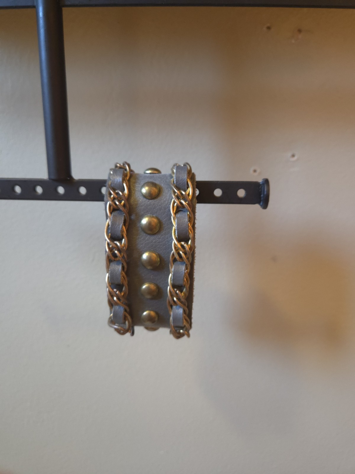 Gray Faux Leather Cuff Bracelet Gold Chain Studded Wide Wrap Snap Closure Boho