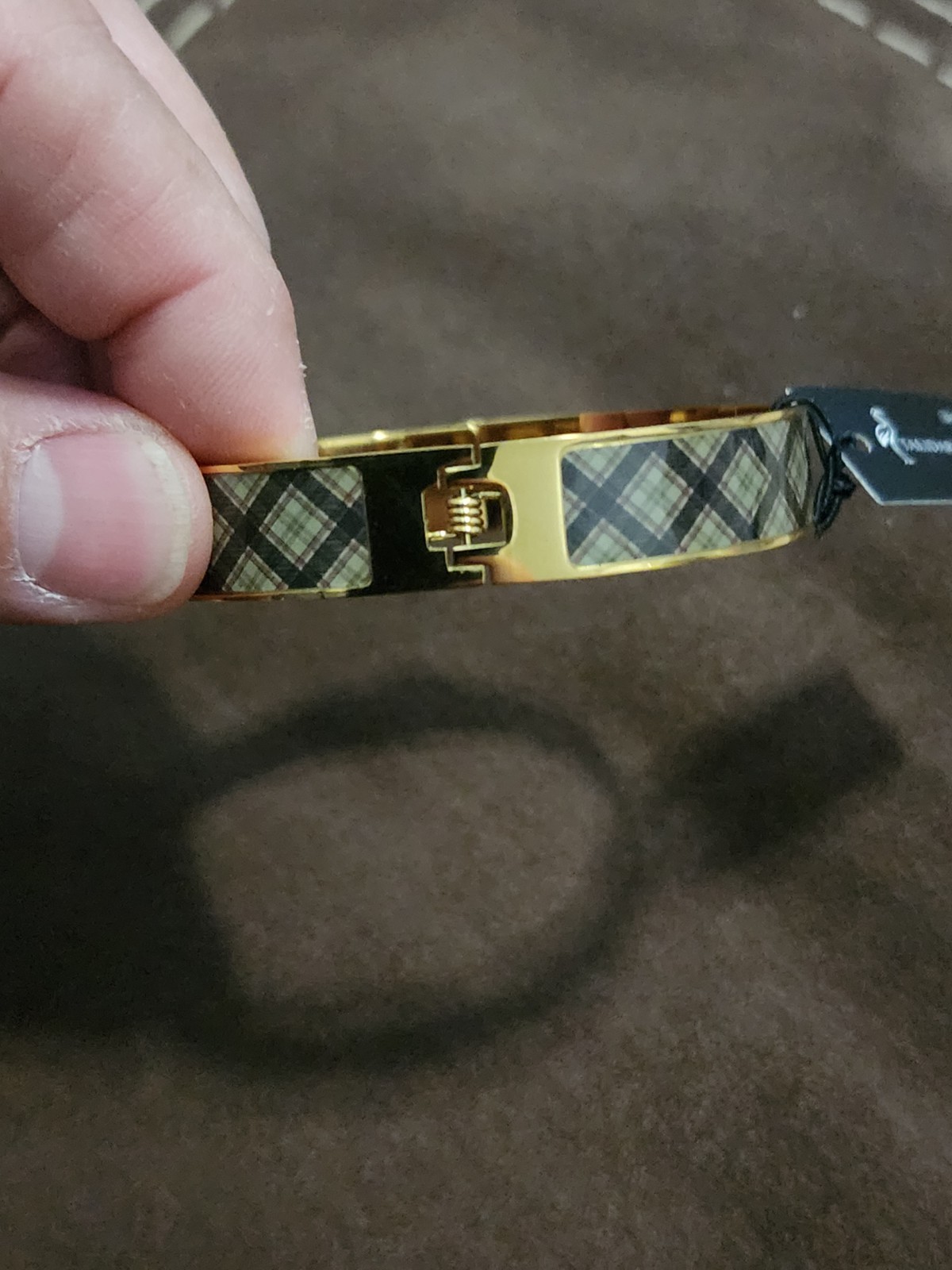Talidara Gold Tone Plaid Bangle Bracelet w/ Bird Charm Snap Closure Black