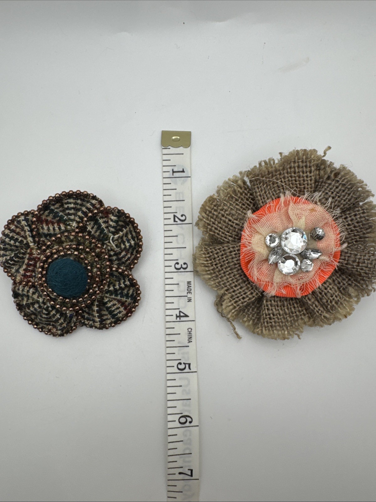 Boho Fabric Flower Brooch Lot Tweed Burlap Rhinestone Rustic Pins