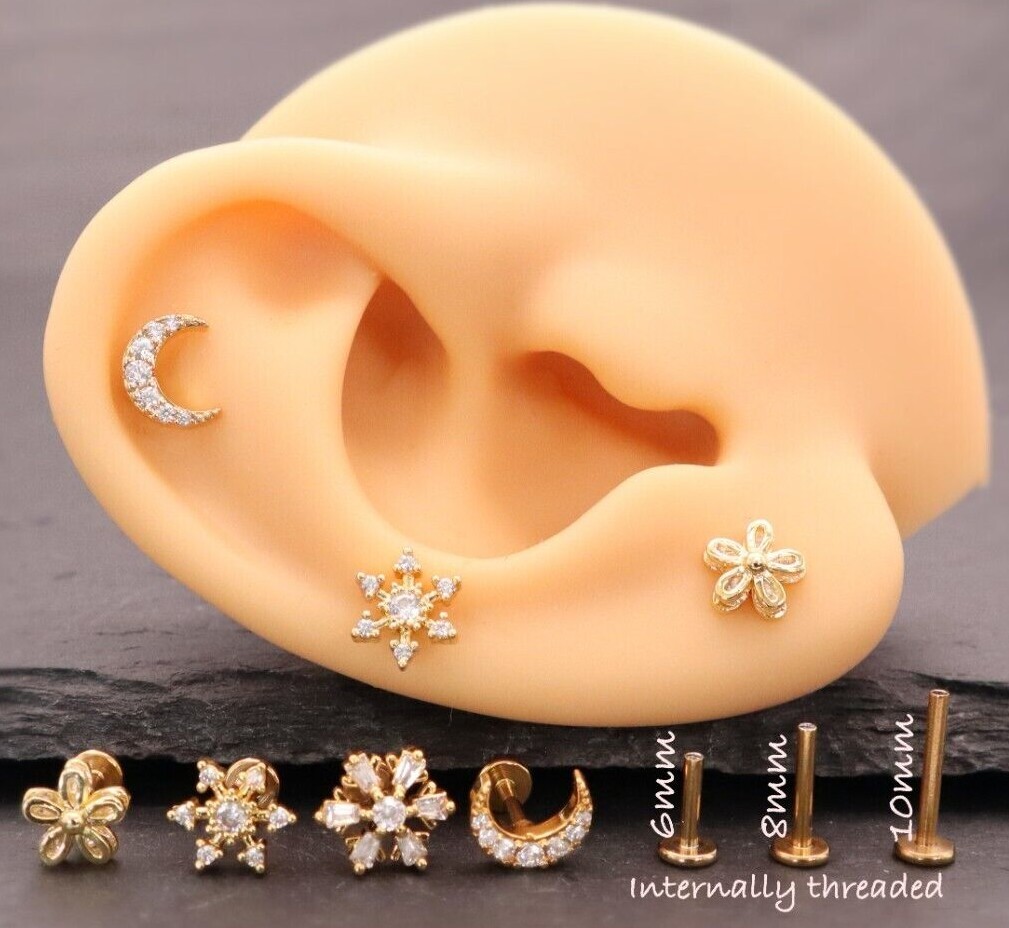 Internal Threaded Flat Labret Back Cartilage Helix Lobe Tragus Conch Earring UK