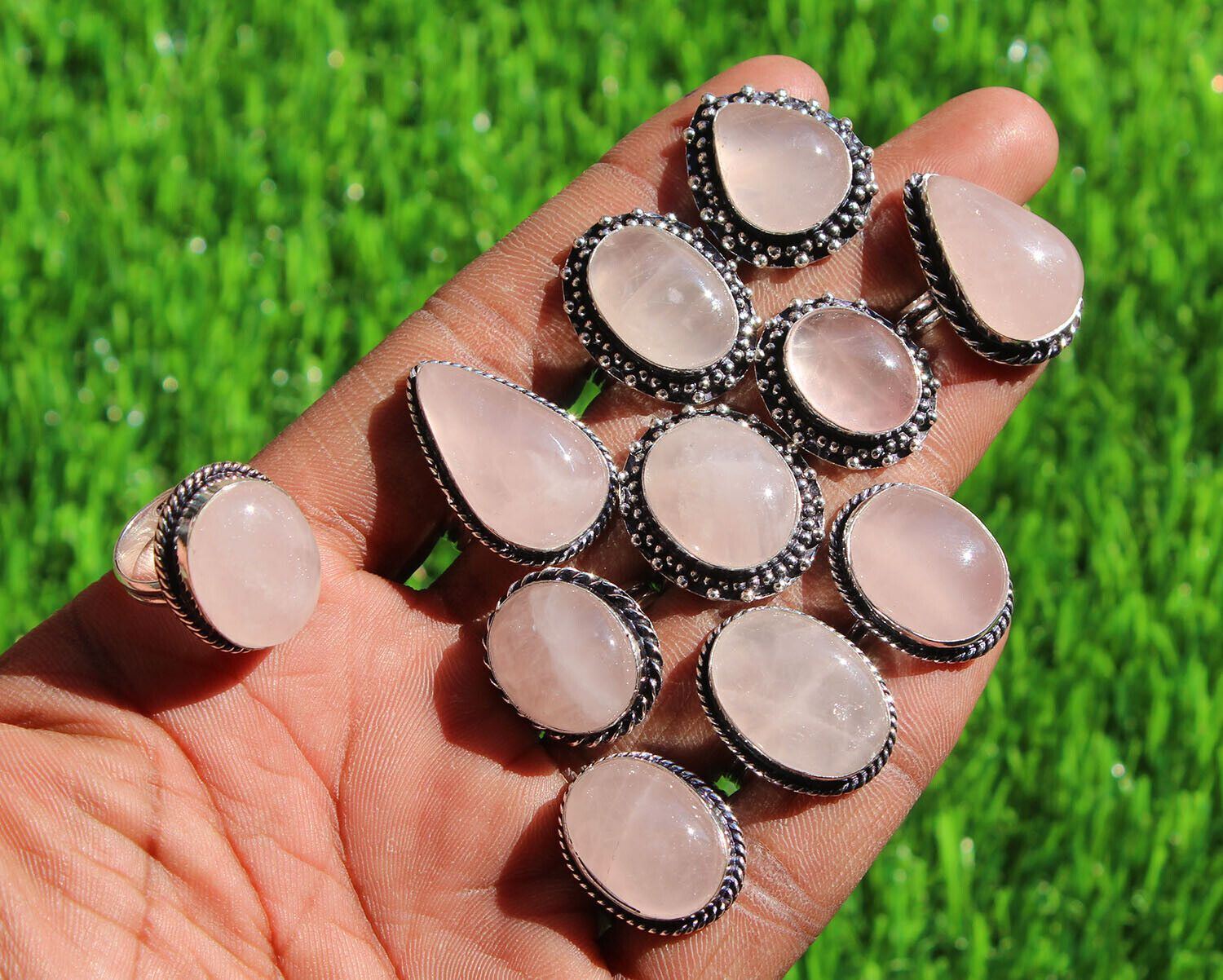 Gift Rose Quartz Gemstone 925 Sterling Silver Plated Wholesale Unisex Rings Lot
