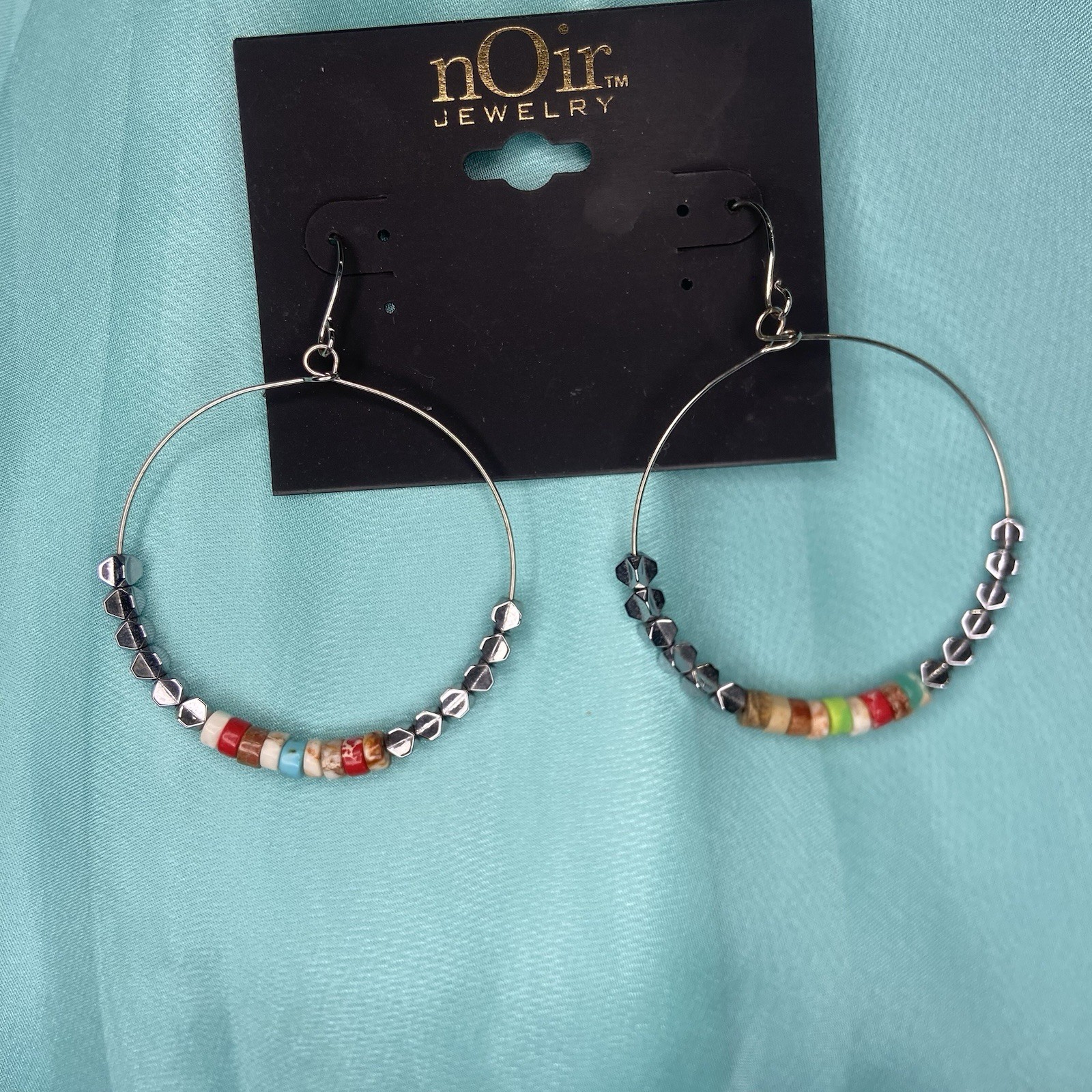 nOir Jewelry Silver Tone Round Beaded Hoop Dangle/Drop Hook Earrings Multicolor