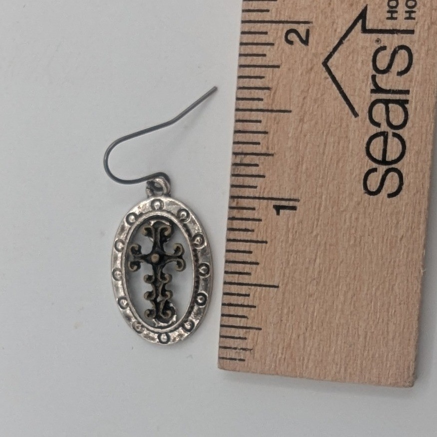 Vintage Silver Tone Filigree Cross Oval Drop Earrings Gothic Religious Dangle