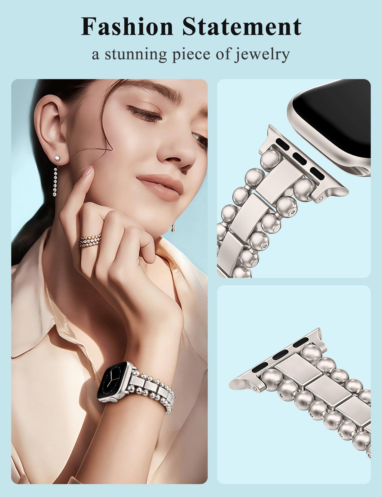 Compatible with Apple Watch 38mm Beaded Bracelet Starlight Stainless Steel Bands