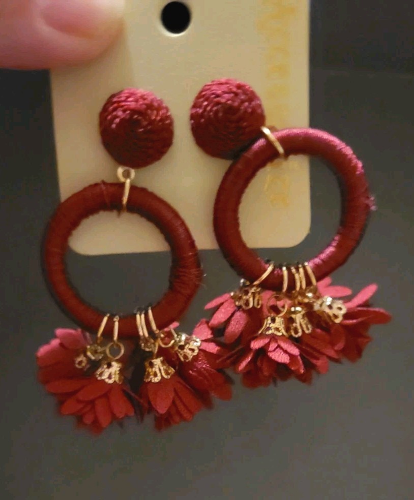Burgundy Red Fabric Flower Hoop Drop/Dangle Earrings, Stud Back Accesorize NEW