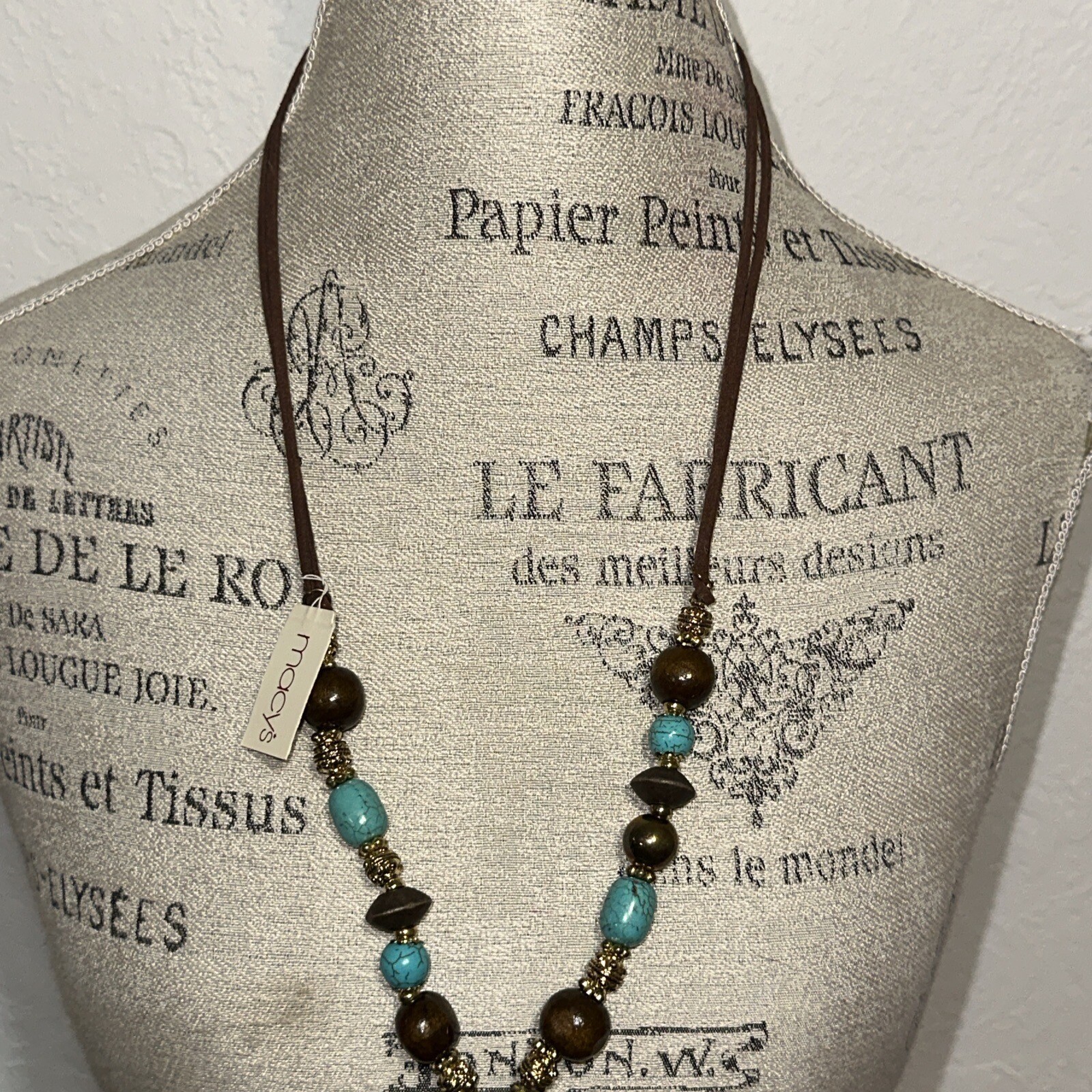 Macys Boho Turquoise Wood Bead Tassel Necklace Suede Cord Western Statement