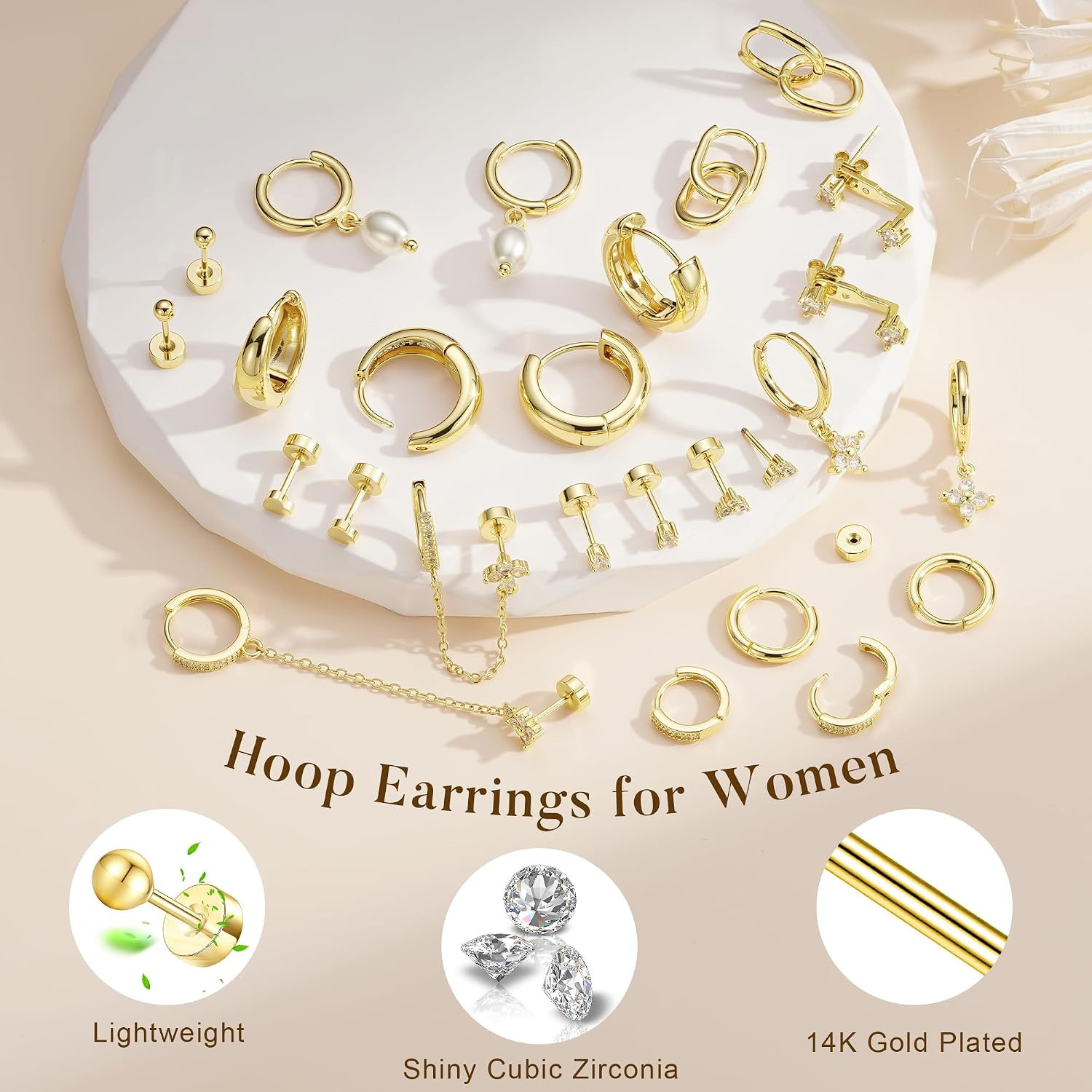 13 Pairs Gold Hoop Earrings for Women, Hypoallergenic 14K Gold Plated Hoop Stud