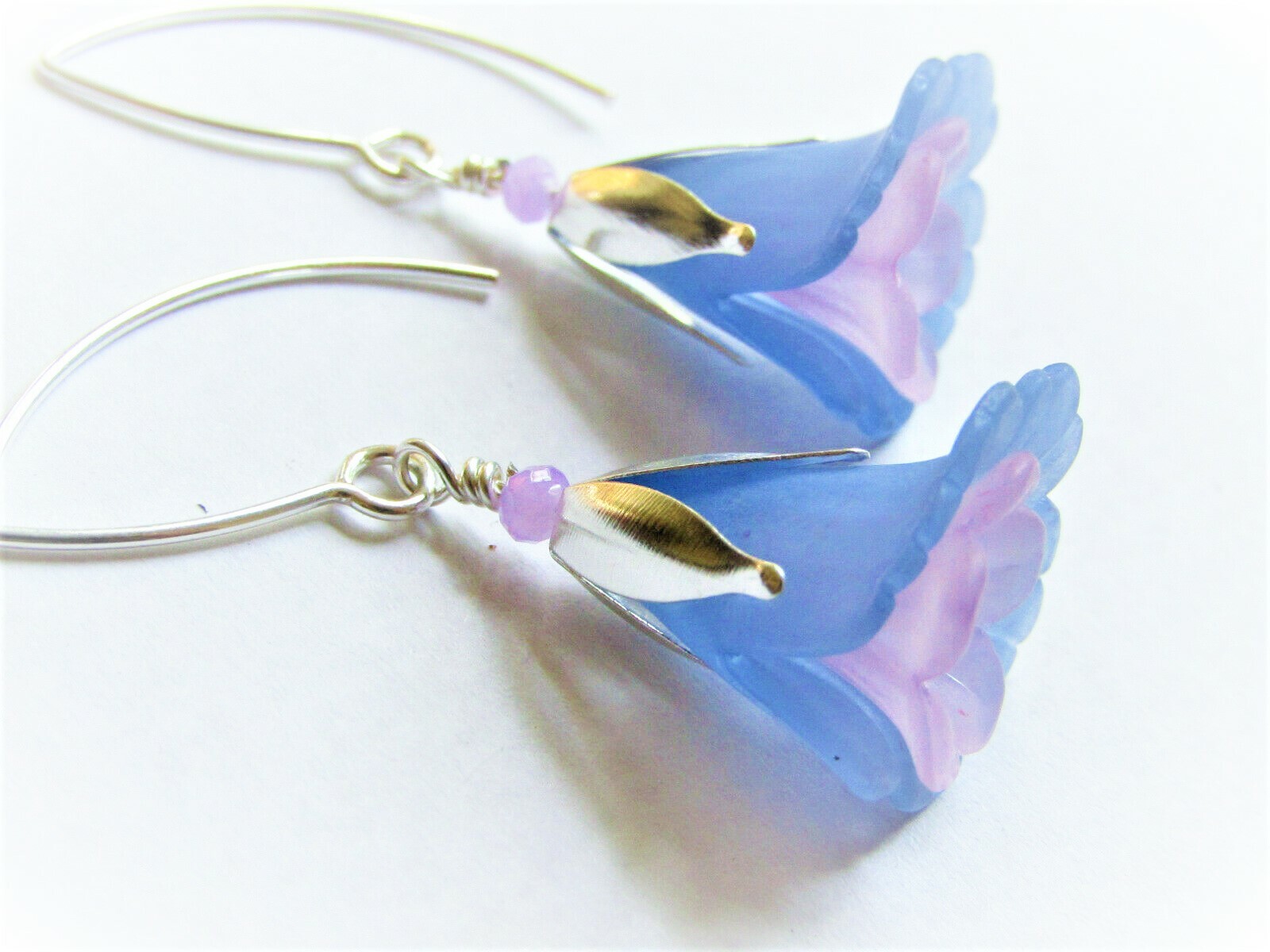 FLOWER EARRINGS Blue & Purple Silver Dangle Earrings, Floral Fashion, Bridal Jew