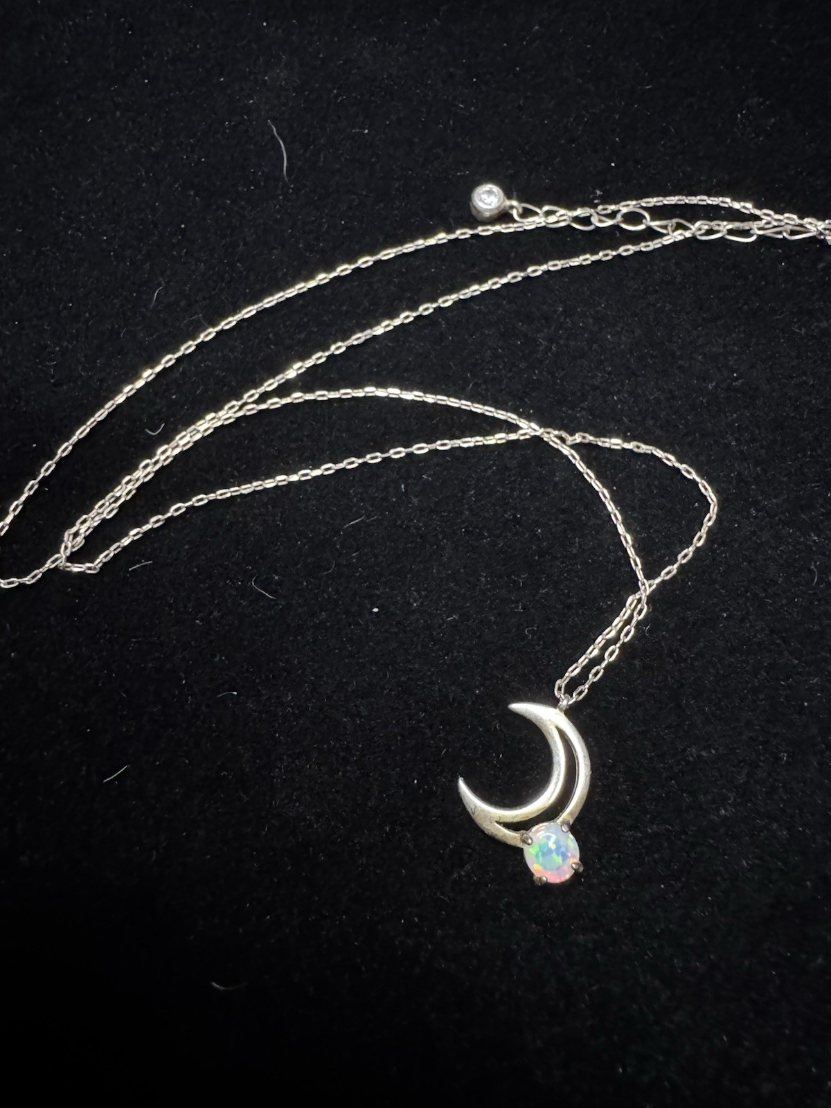 Sterling Silver 925 Crescent Moon Opal CZ Pendant Necklace Cable Chain Signed