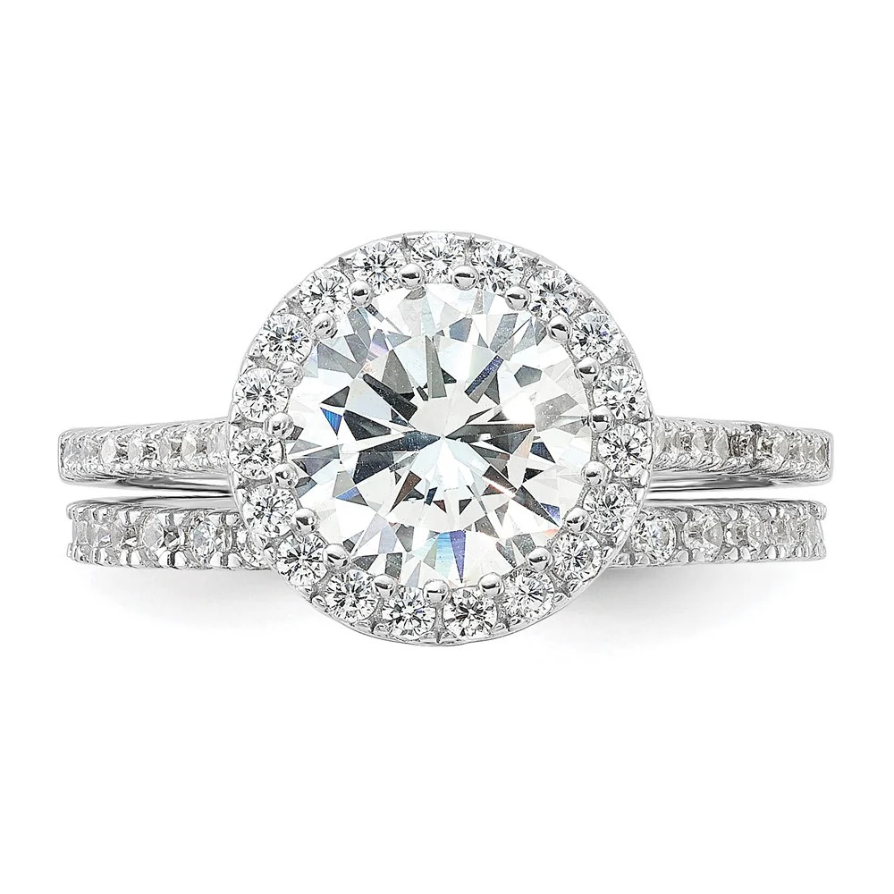 Sterling Silver Rhodium-Plated 11mm CZ Halo Engagement/Eternity Band 2 Ring Set