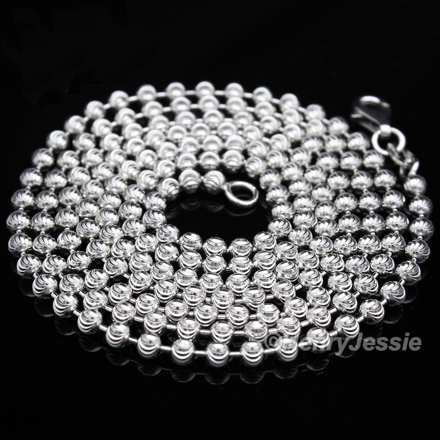 18″MEN 925 STERLING SILVER 3MM SILVER MOON CUT BEADED LINK CHAIN NECKLACE*SN7