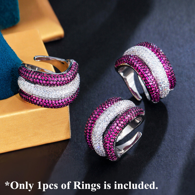Silver Plated Hot Pink Cubic Zircon Wave Design Adjustable Finger Ring for Women