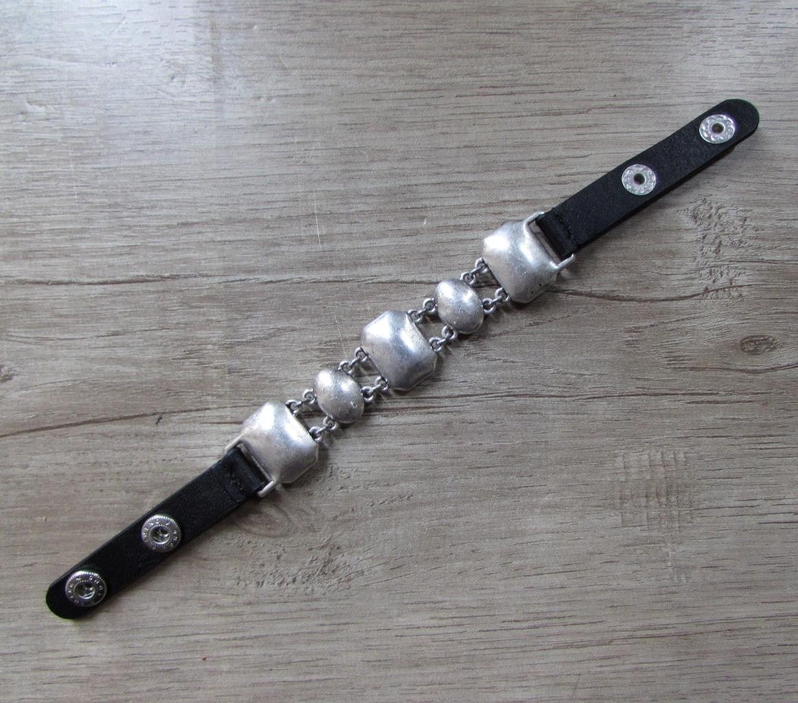 Black Faux Leather Bracelet w/ Clear Rhinestones and Silver Tone Hardware