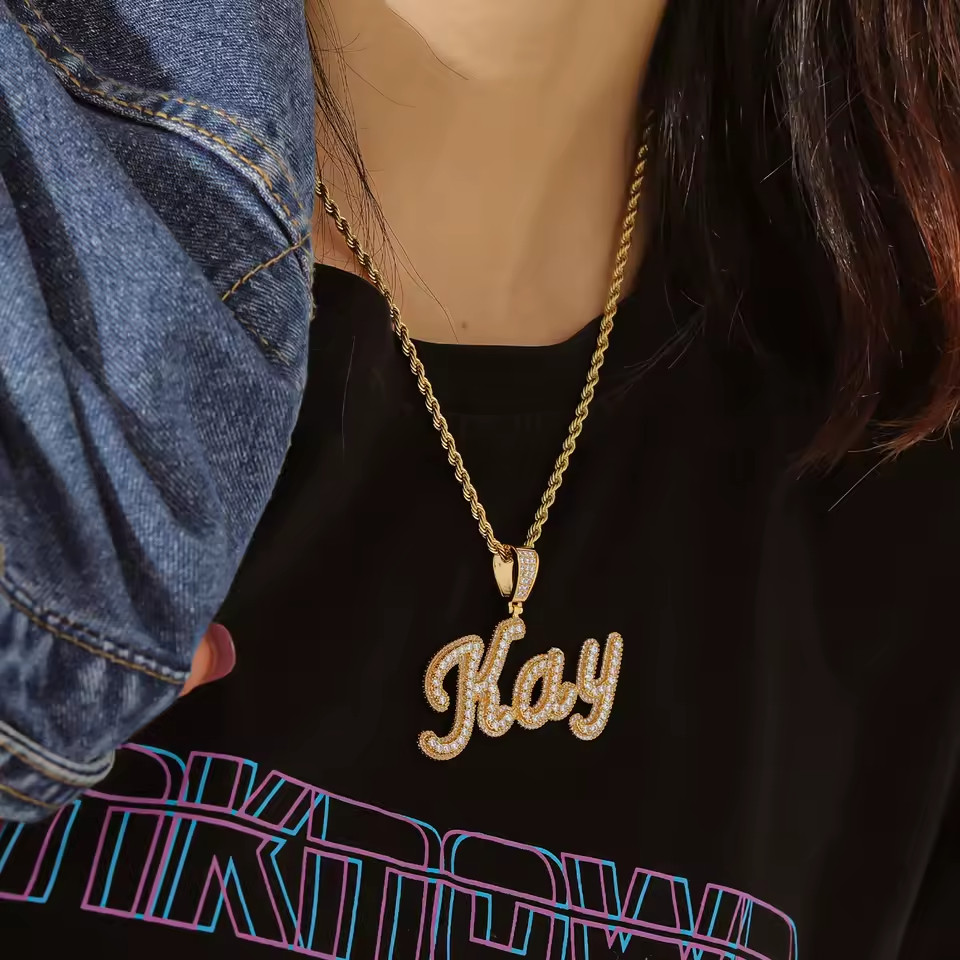 Custom Name Bubble Letters Necklace Zirconia Pendant Necklace Jewelry Rope Chain