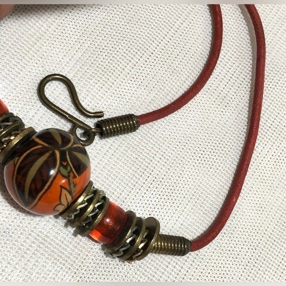 Leather Cord Ceramic Bead Choker Necklace .
