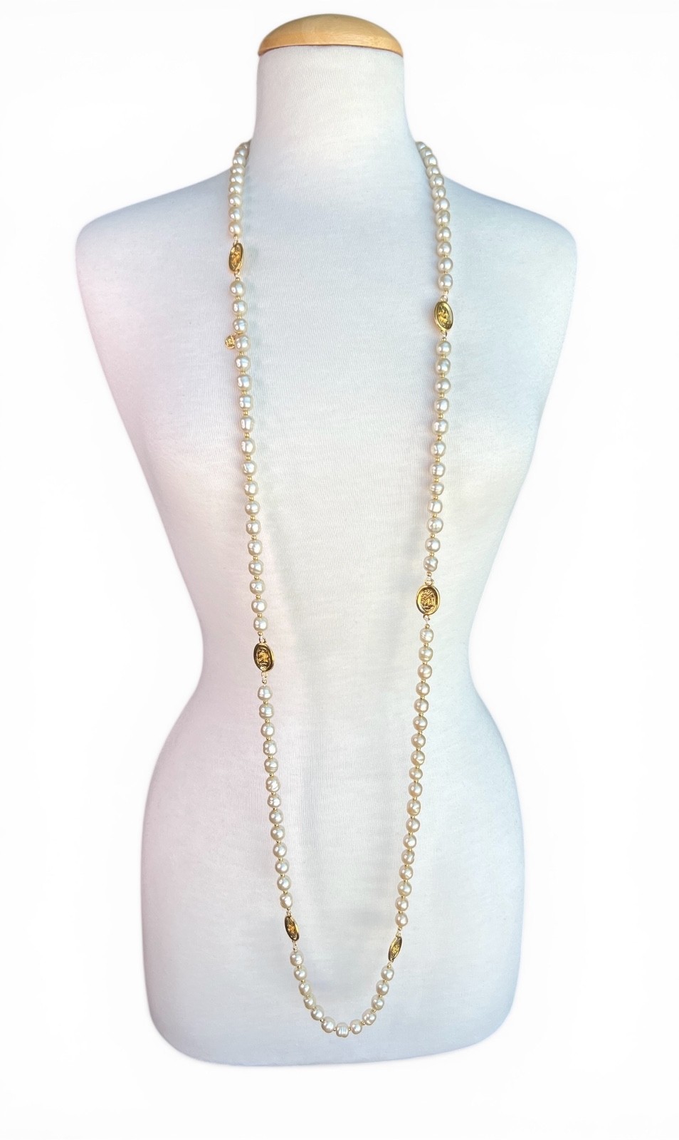 MINT Vintage CHANEL 1981 24K CC Station Faux Pearl Sautoir Necklace Goossens 62″