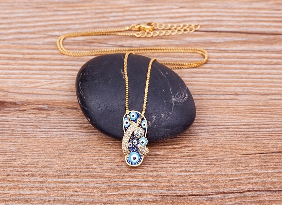Fashion Jewelry Gold Cubic Zircon Slipper Sandal Evil Eye Pendant Necklace 1-216