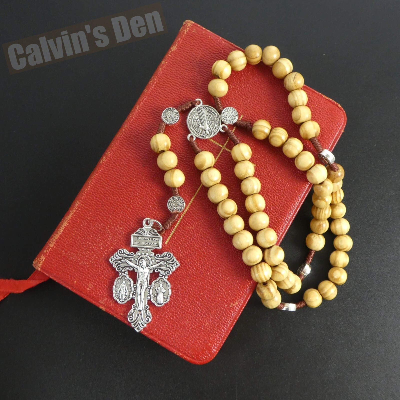 St Benedict 3-Way Pardon Crucifix Rosary Necklace Wood Bead Five Decade Cross