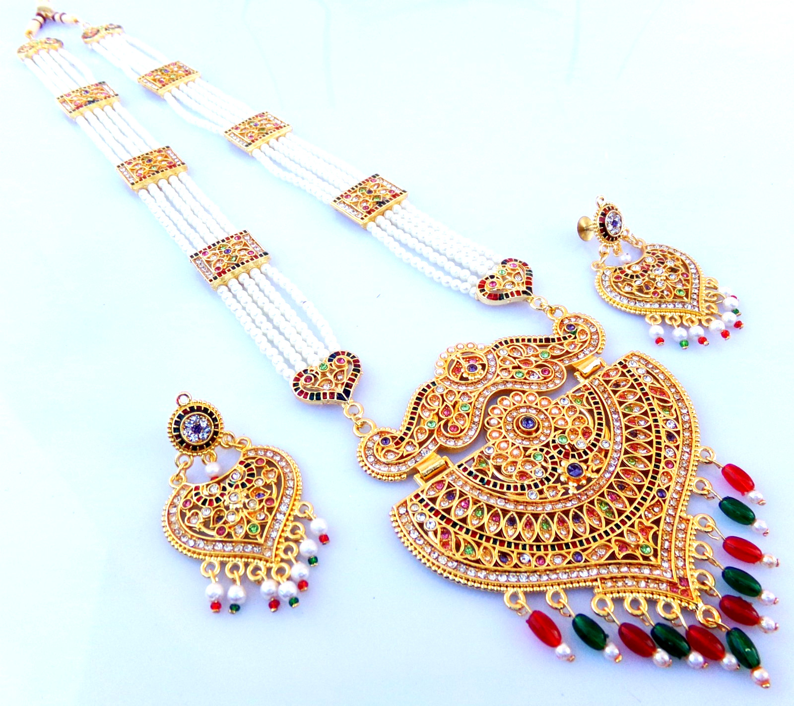 Bollywood Indian Gold Plated Pearl Fashion Long CZ Necklace Earring Jewelry Set