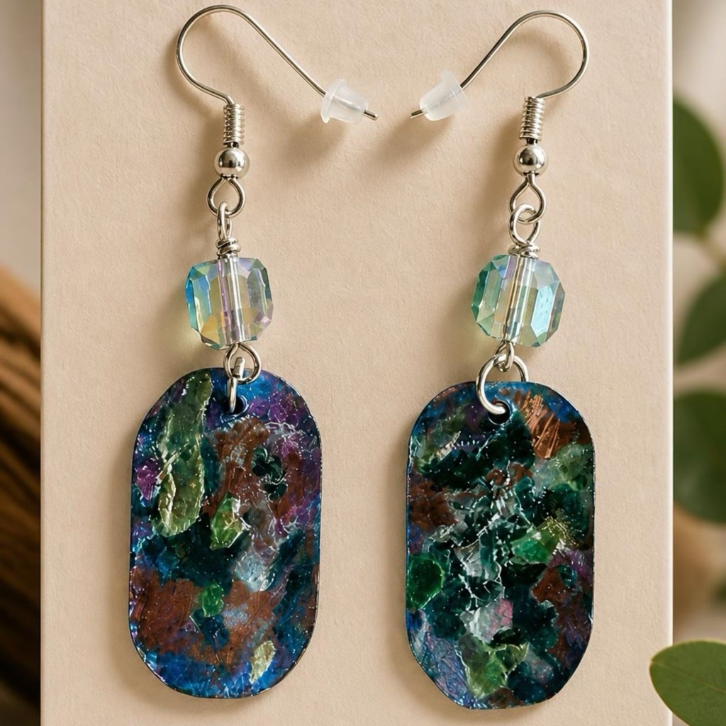 Handmade Painted Copper Earrings Crystal Dangle OOAK Artisan Statement Jewelry