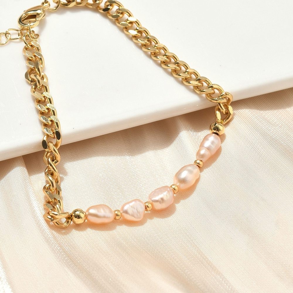 3pcs Pearl Beaded Link Bracelets Brass Cuban Link Chain Bracelet 18K Gold 16.5cm