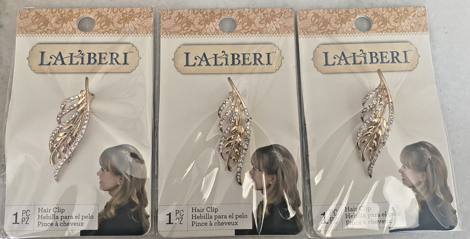 3 LALIBERI Clear Rhinestone Gold Tone Leaf Hair Clip Barrette 2-1/4″L x 3/4″W