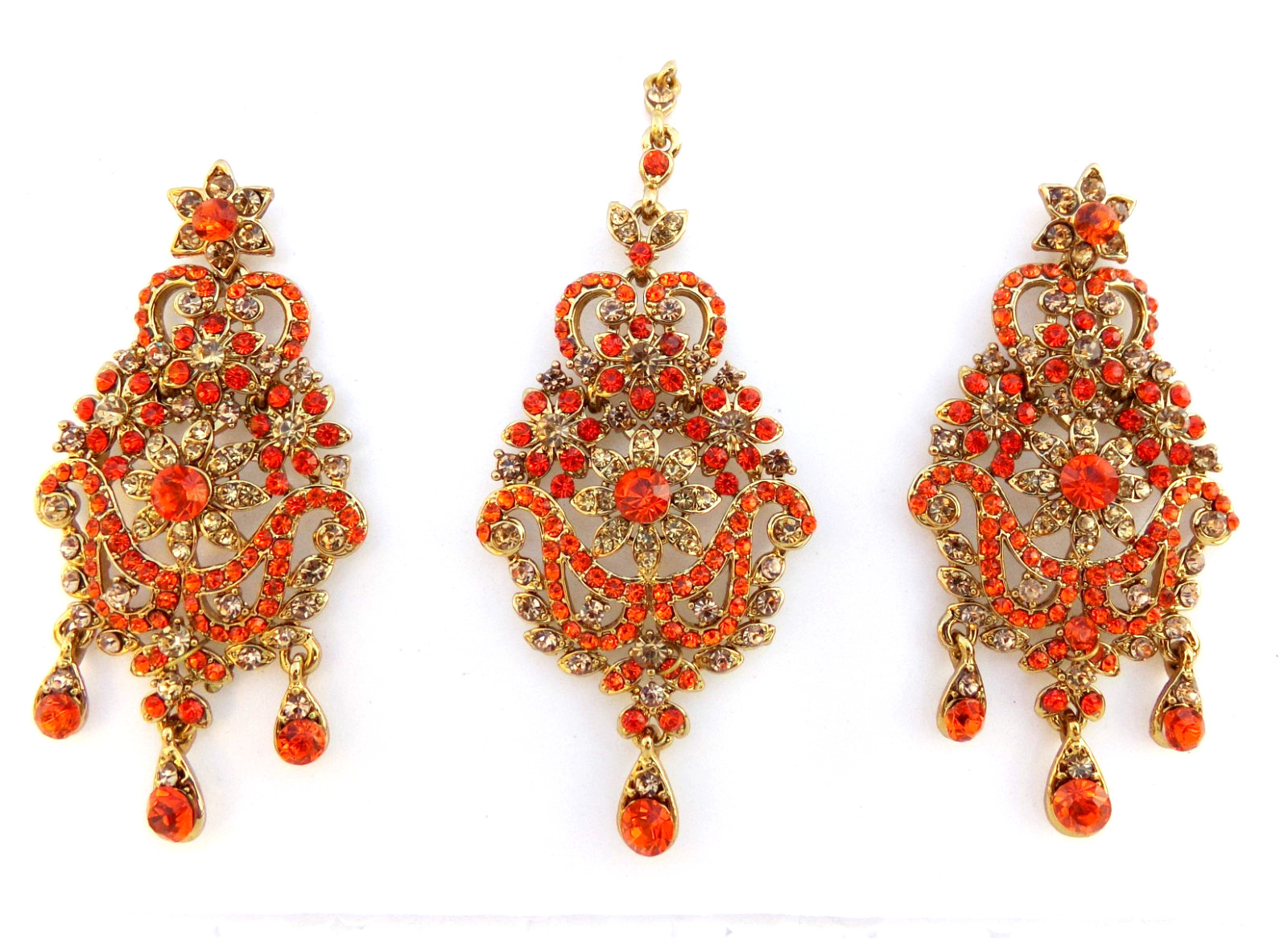 Bollywood Wedding Jewelry Ethnic Gold Tone Indian Kundan Long Earrings Tikka Set