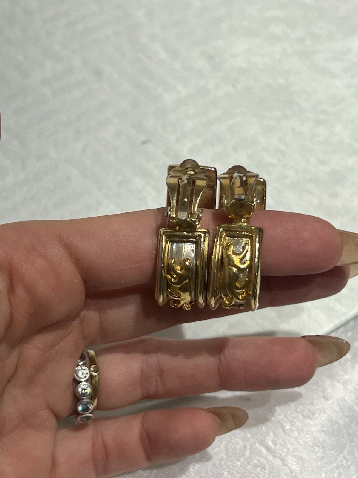 Gold Tone Clip-On Hoop Earrings Rectangular Textured Metal No Stone