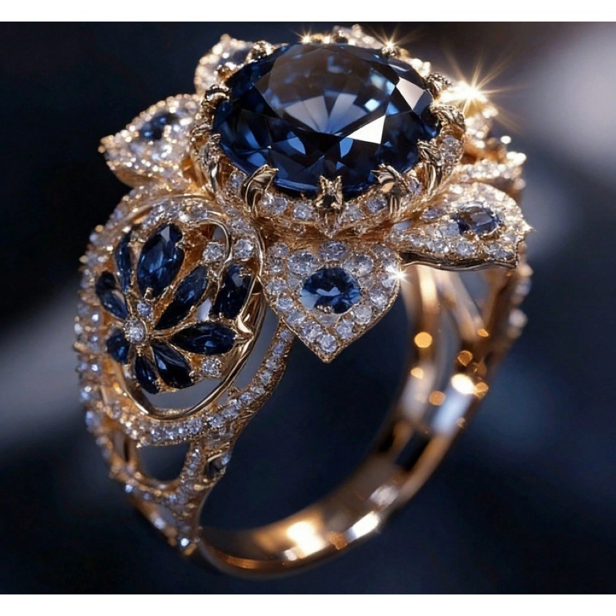 Blue Sapphire Floral Statement Ring Gold Tone Filigree Cocktail Ring Size 6