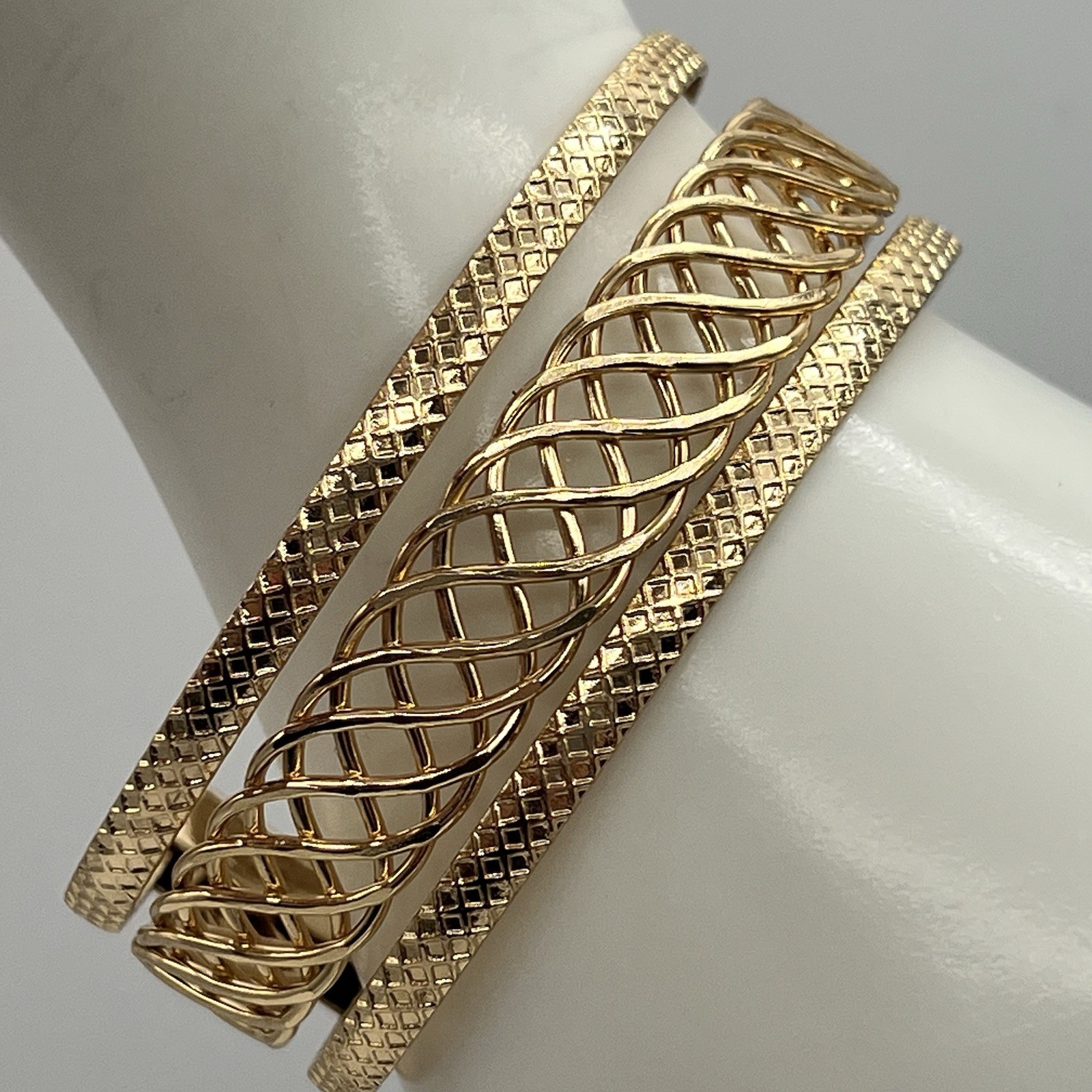 Wide Cuff Bracelet Lot Gold Tone Mesh Copper Openwork Statement Trio Bold Chunky