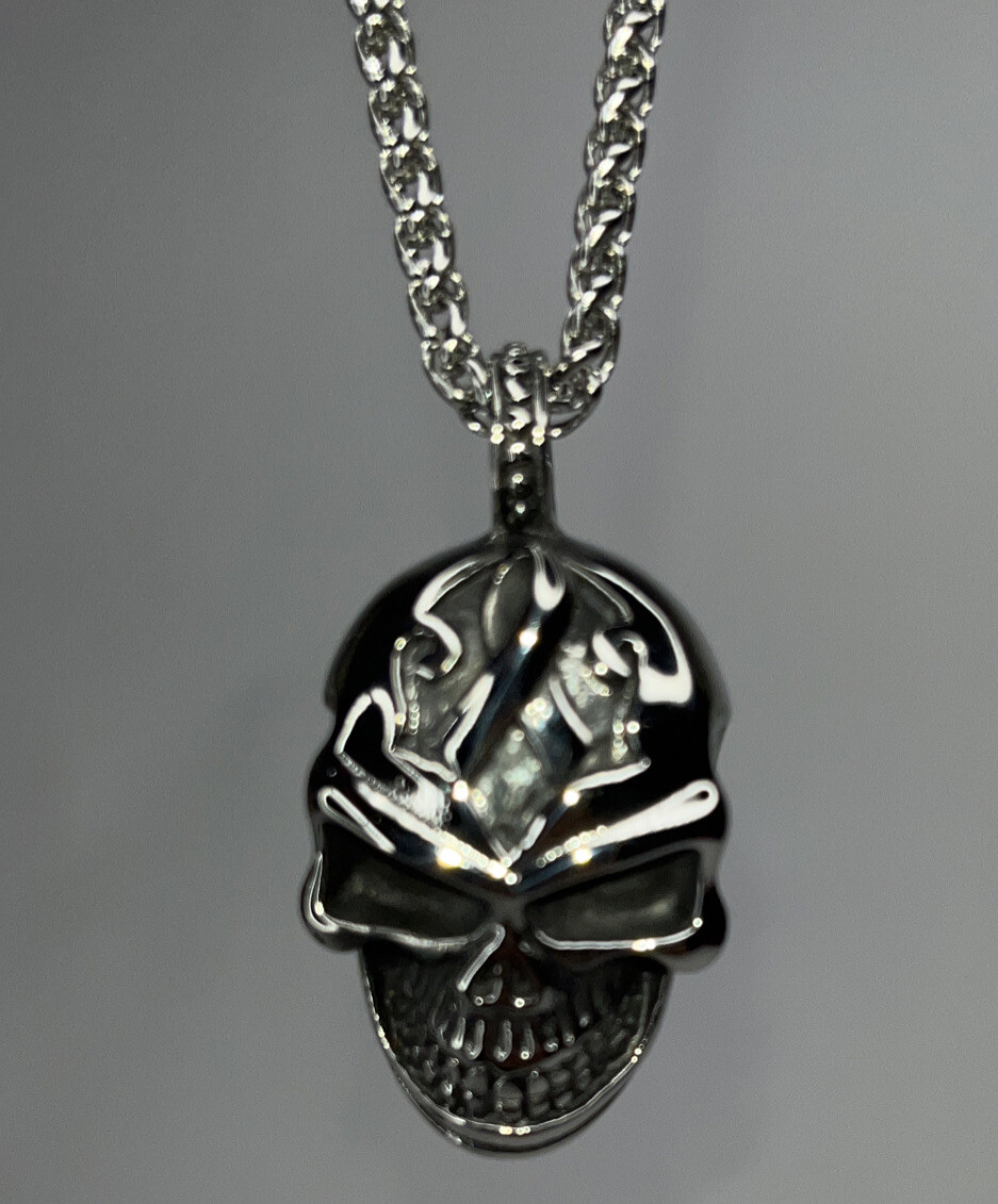 Skull Biker 2″ Medalian Necklace on 24″ Silver Tone Chain