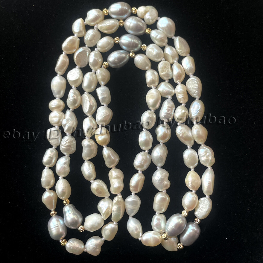Long 36″ 7-9mm South Sea White Baroque & Grey Rice Pearl Beads Knot Necklace