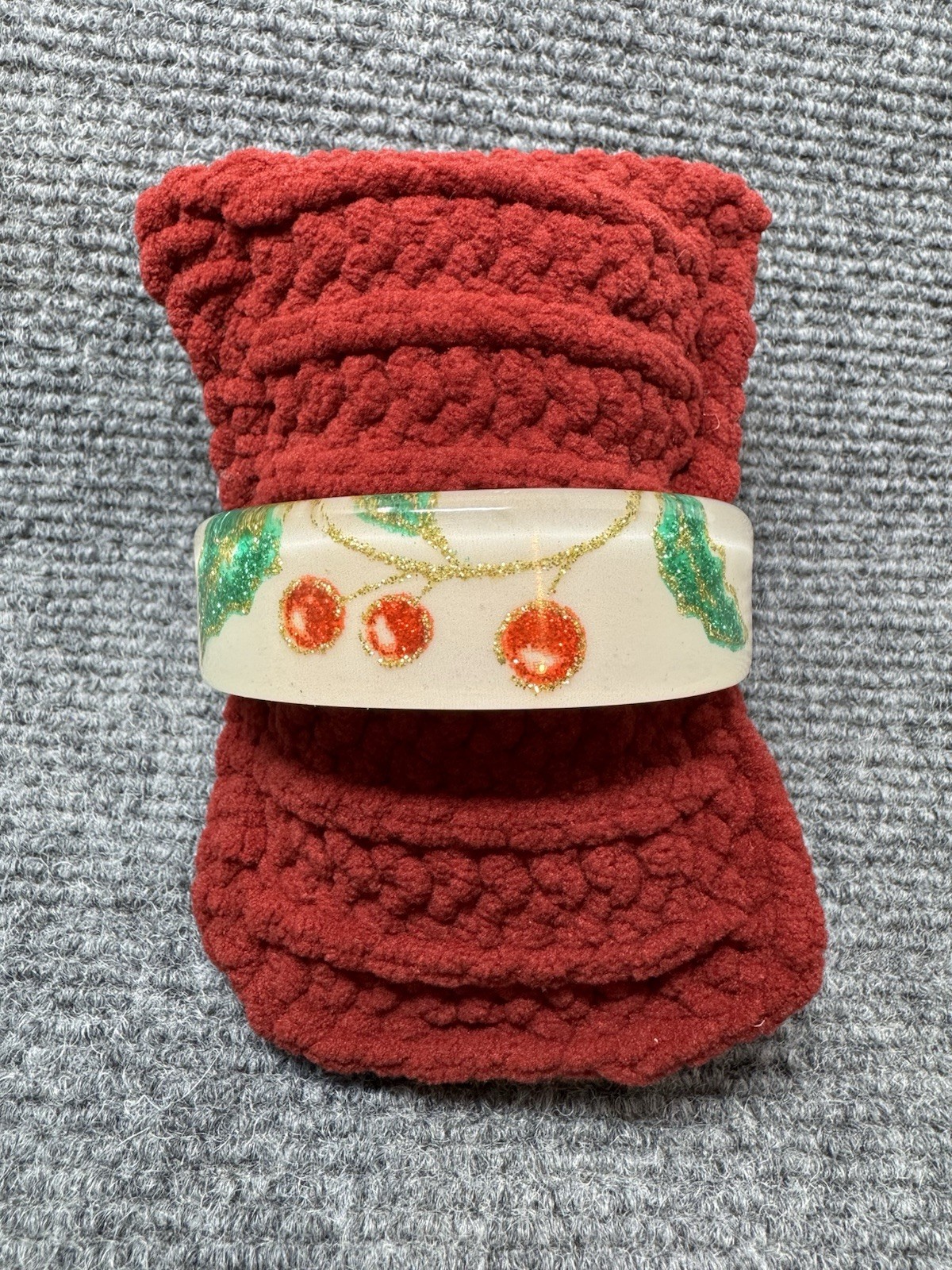 Holiday Bangle Bracelet with Holly & Holly Berry Design White Green Red & Gold