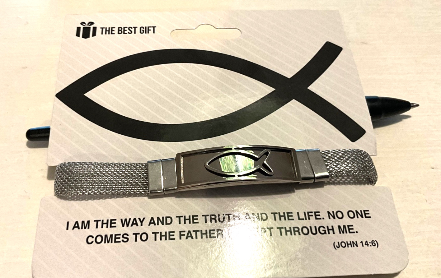 8” Unisex Christian Bracelet Jesus, Fish, Stainless Steel Mesh + Safety Clasp