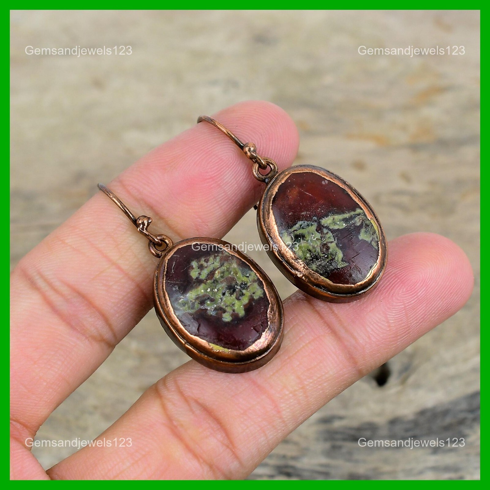 Oval Dragon Bloodstone Gemstone Dangling Electroformed Earrings Jewelry Copper