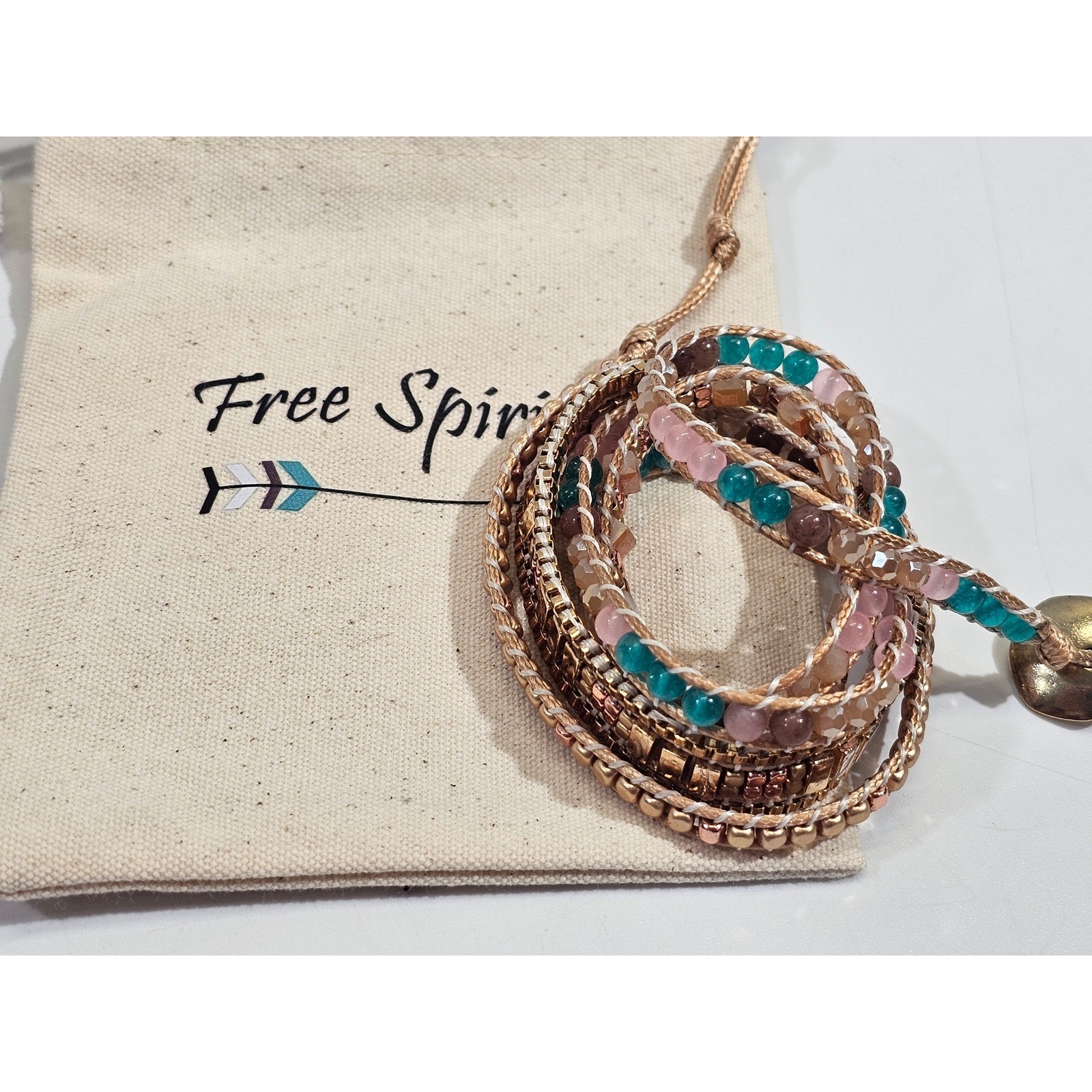 Free Spirit Beaded Wrap Bracelet Women OS Teal Pink Gold Tone Boho Multi-Strand