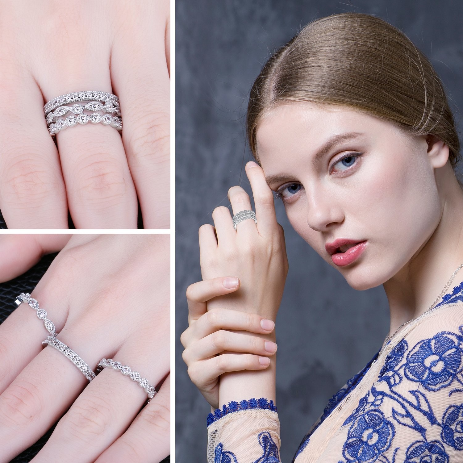 14K Gold Plated Sterling Silver Rings for Women, Cubic Zirconia Stackable Weddin