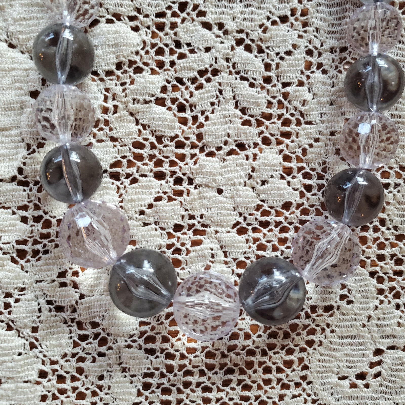 Varied Neutral Bead Necklace with Ribbon Tie, 16″ Length 