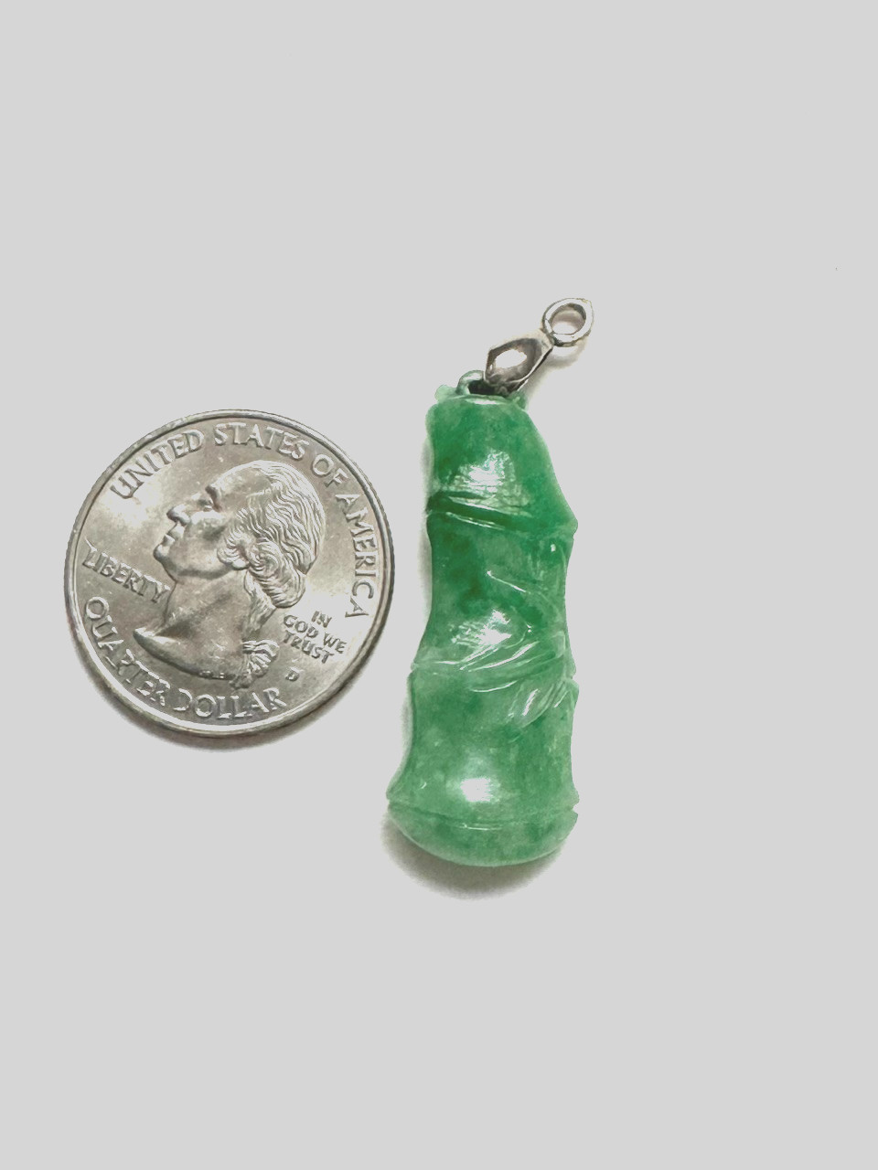 Green Jade Carved Bamboo Stalk Charm Pendant with Silver-Tone Bail