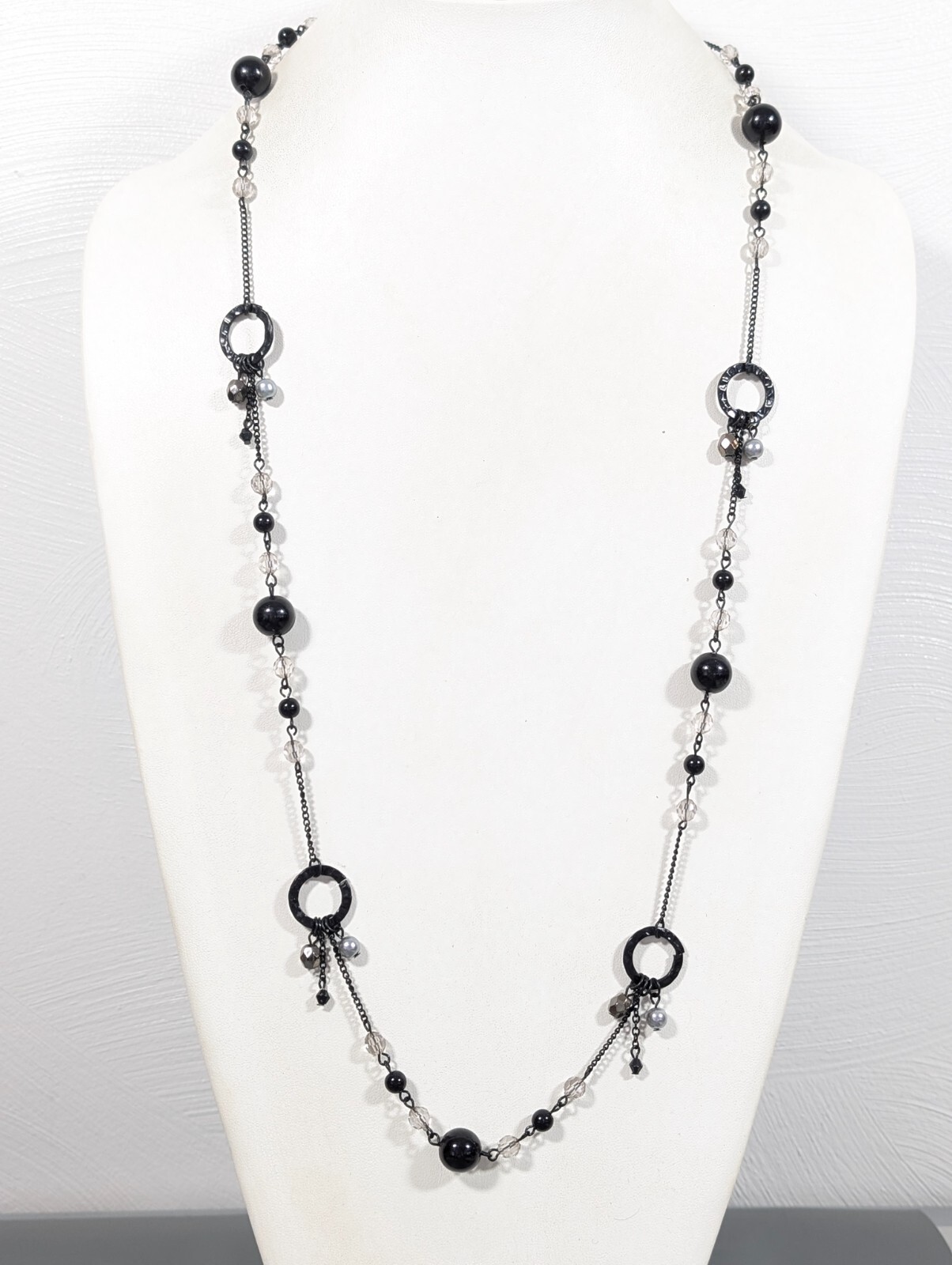 Black Beaded Chain Link Gray Long Charm Necklace Dark Gothic Western 34 inch