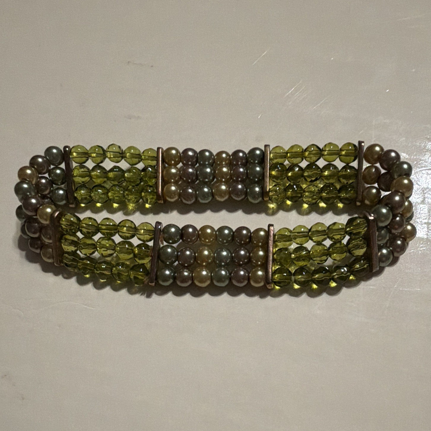 Green Glass Beaded Stretch Bracelet Multicolor Round Beads No Clasp