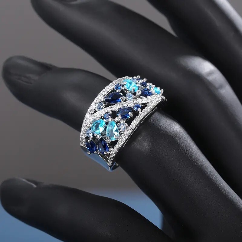Elegant 925 Sterling Silver Blue White Topaz Wedding Engagement Ring Size 12