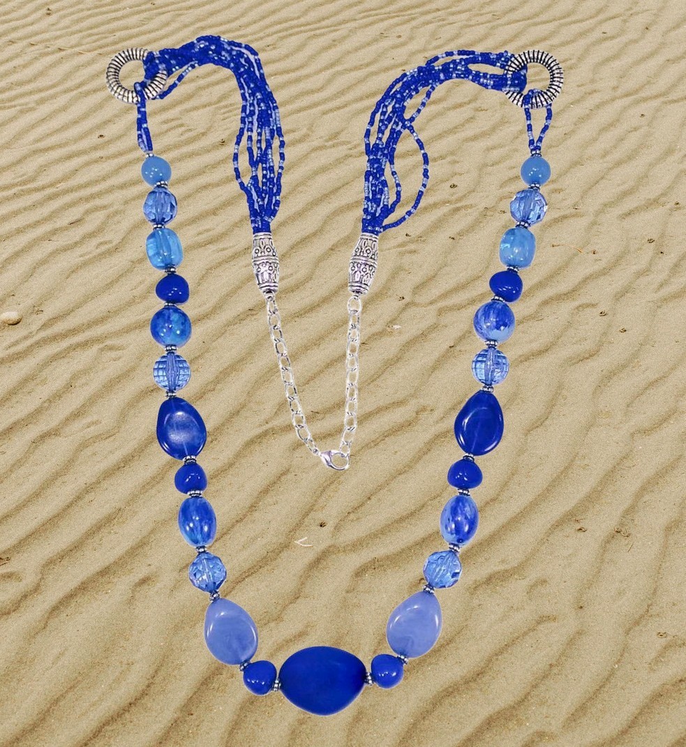 Long Light Blue Boho Bead Necklace Statement Jewelry w/seed beads 37.5” New