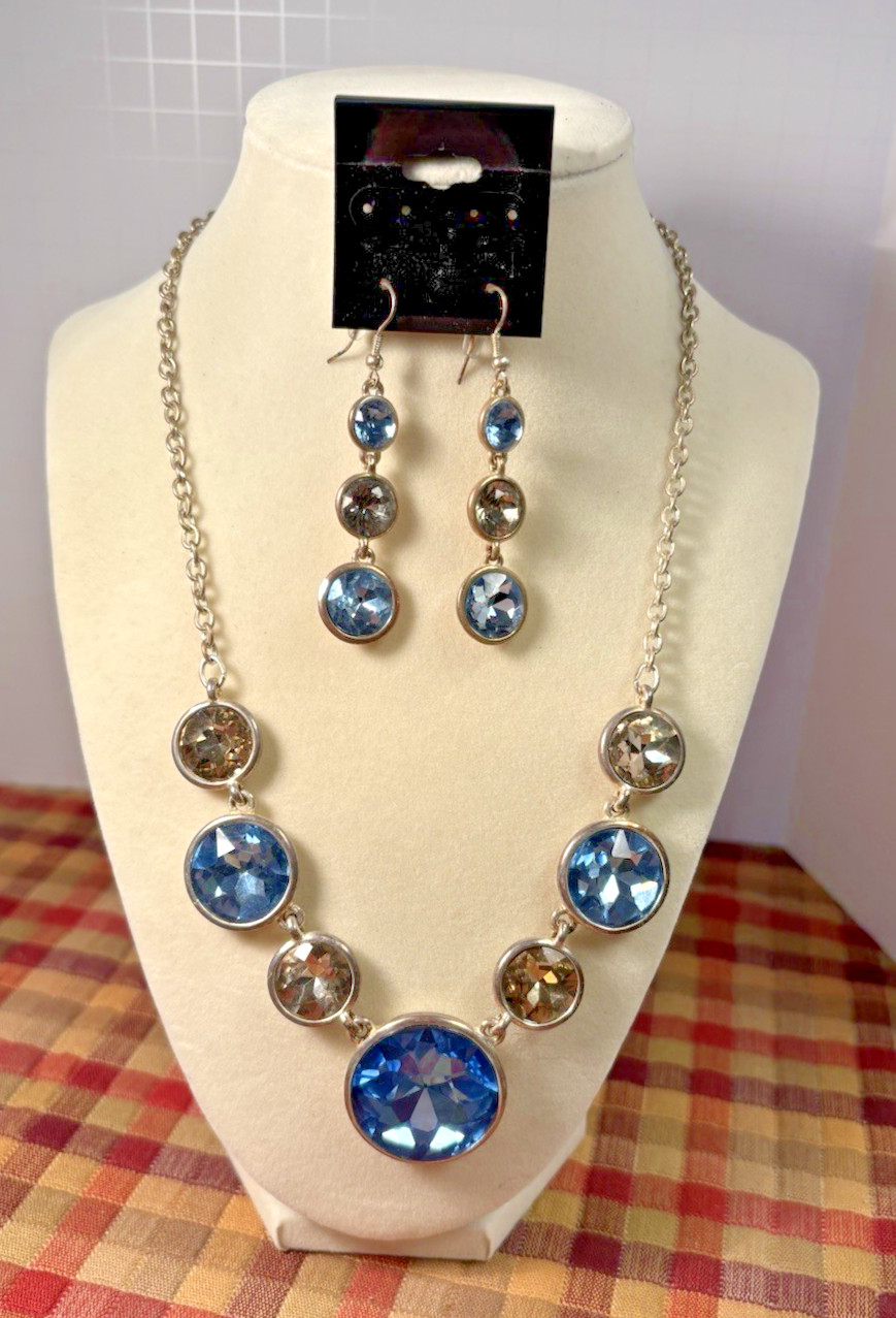 Dana Buchman statement necklace & earrings, bezel-set round crystals clear, blue