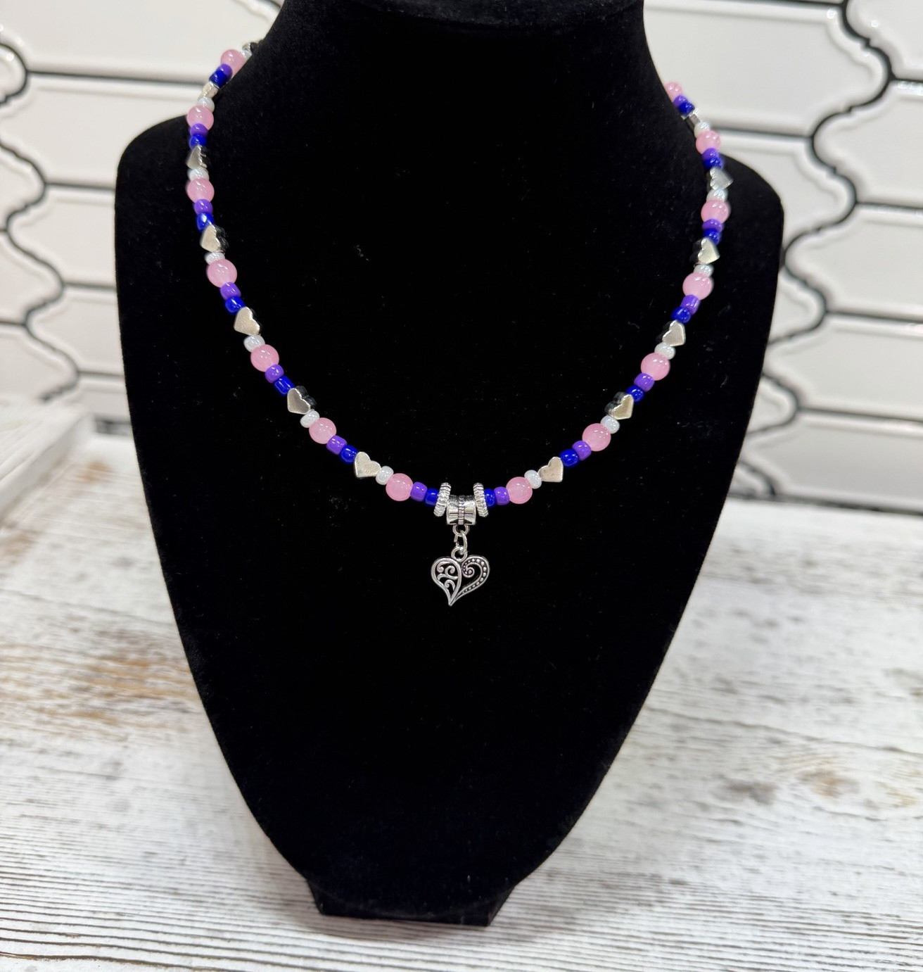 Purple Pink White Beaded Necklace w/ Silver Heart Charm Pendant