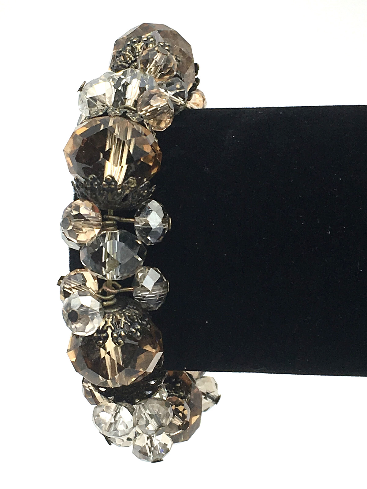 Large Smokey Quartz BronzeTone End Caps & Faceted Clear Crystal Stretch Bracelet