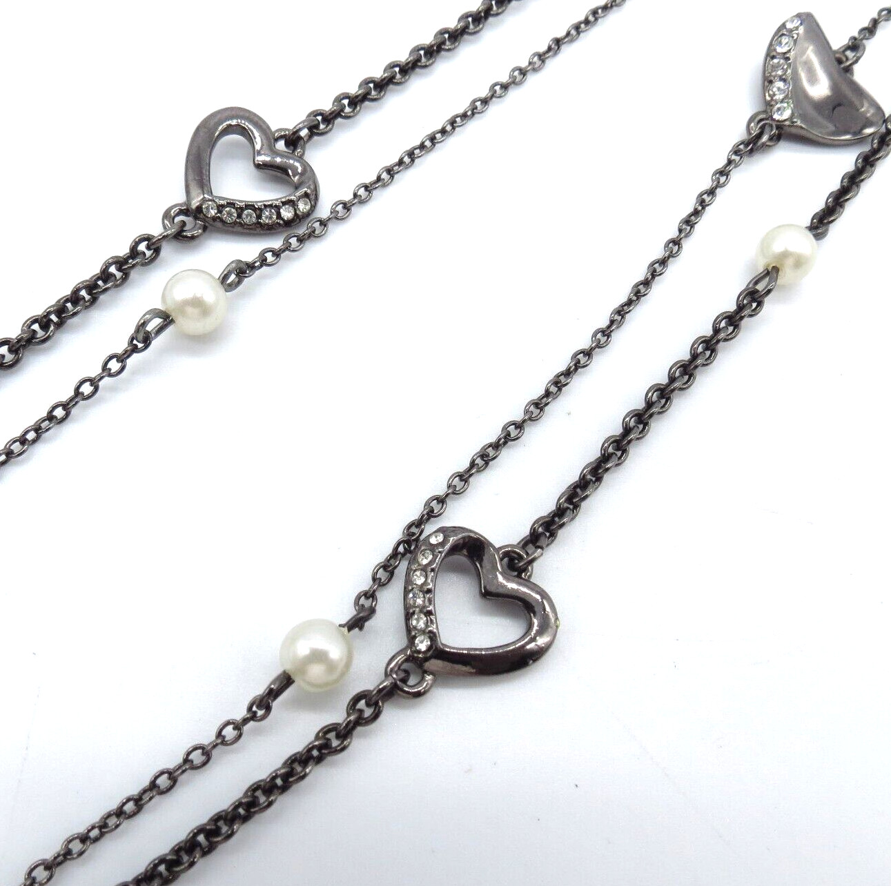 Black Heart Chain Necklace Rhinestone Faux Pearl Everyday Wear 28″