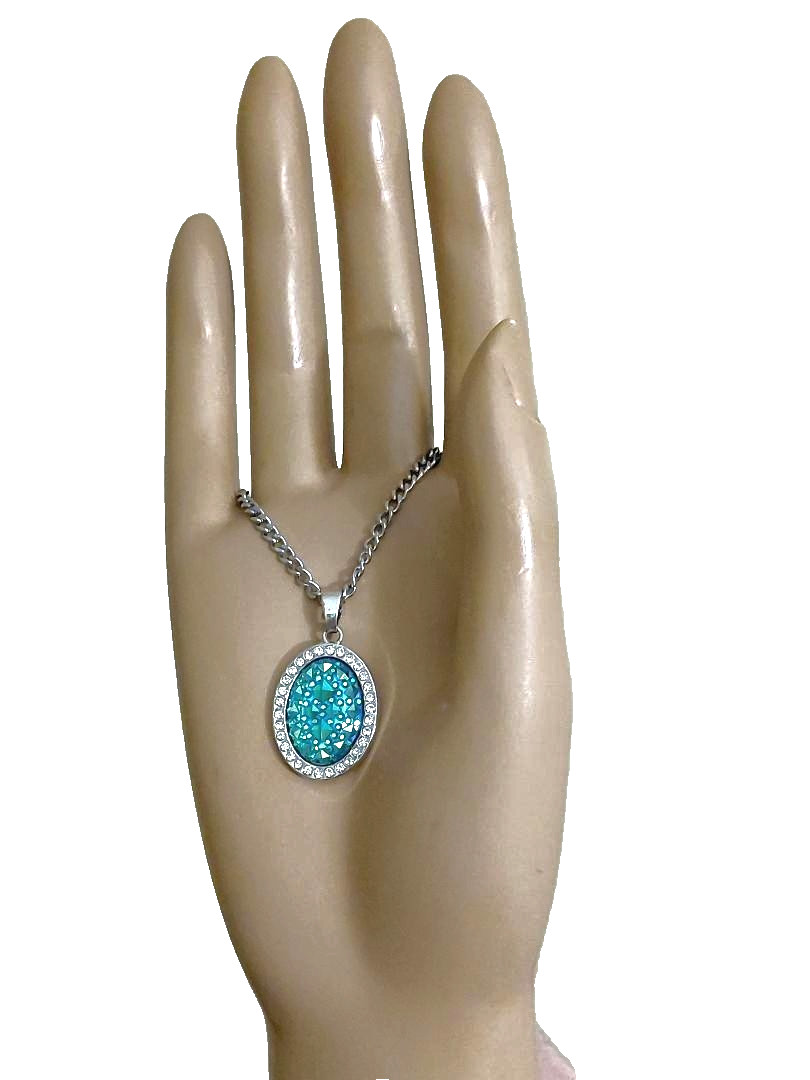 Turquoise Resin Druzy Pendant in Stainless-Steel 13x18mm With Rhinestone Halo